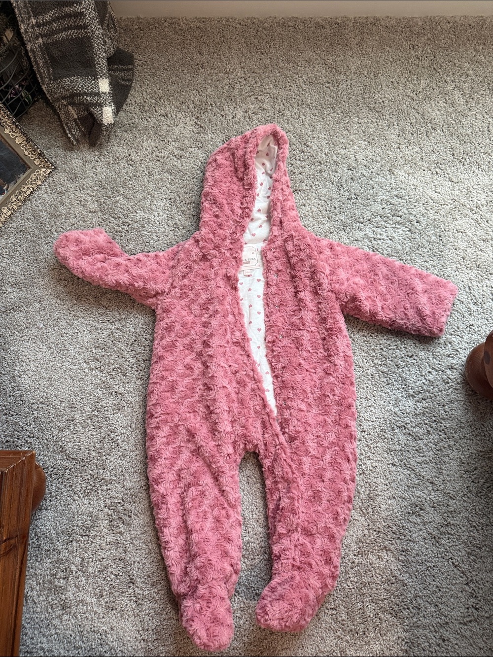 Plush Pink Hooded Footed Baby One-Piece